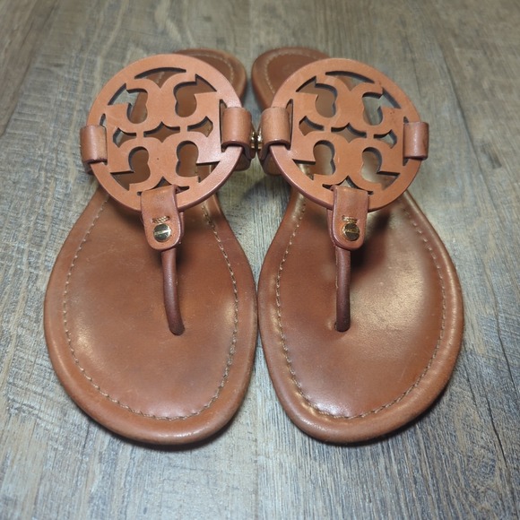 Tory Burch Miller Sandals Vintage Vachetta Tan Leather Medallion Logo Size 9 - Picture 4 of 14